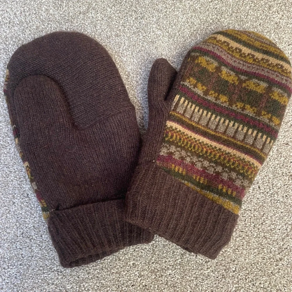 Unbranded Fair Isle Wool Mittens Womens OS Brown Multi Excellent Fleece Lined